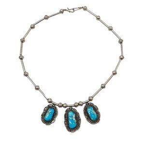 Vintage Taxco Mexico Sterling Silver Necklace With Turquoise Pendants